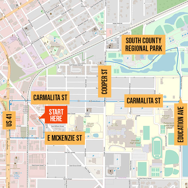 Map identifying running route from Beef O’Brady’s