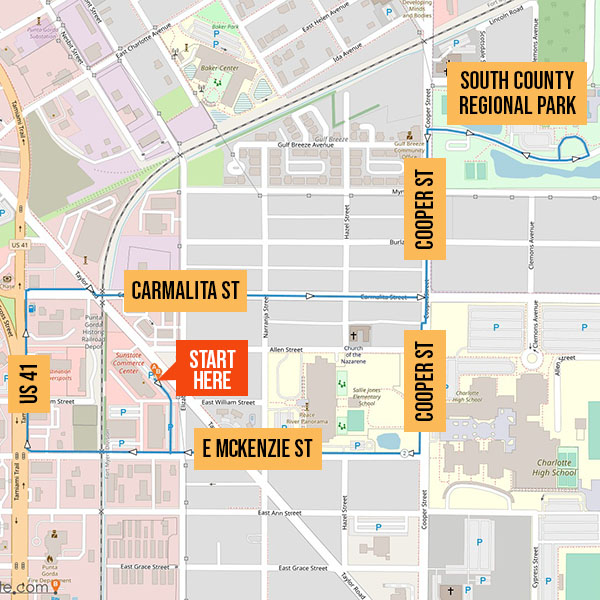 Map identifying walking route from Beef O’Brady’s