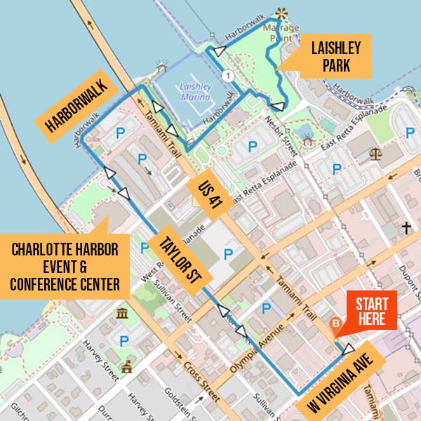 Map identifying walking route from Burg’r Bar