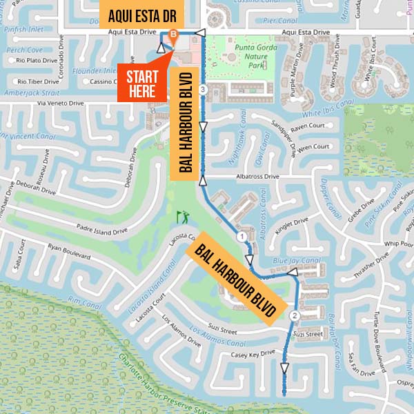Map identifying running route from Coastal Isles Wine Bar