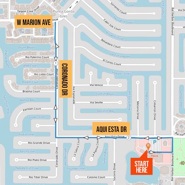 Map identifying walking route from Coastal Isles Wine Bar