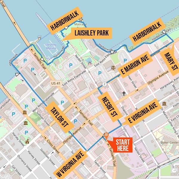 Map identifying walking route from Ice House Pub