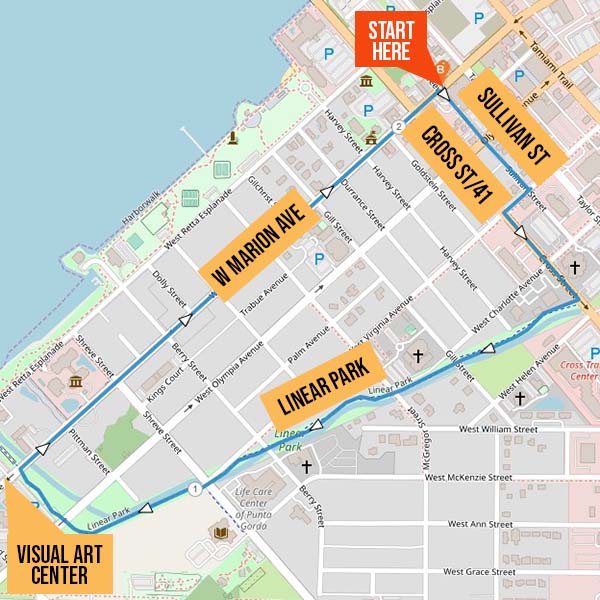 Map identifying walking route from LeRoy’s Southern Kitchen