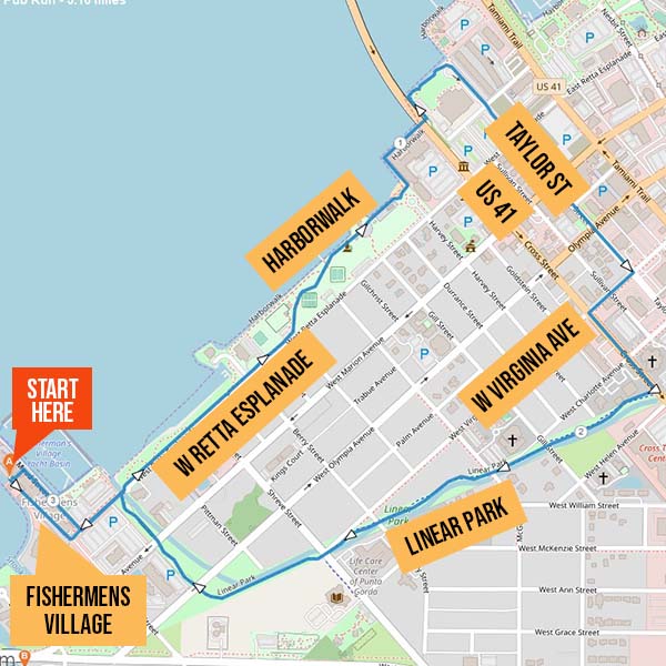 Map identifying running route from Sunset Beach Club Tiki Bar at Fishermens Village