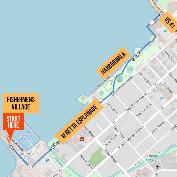 Map identifying walking route from Sunset Beach Club Tiki Bar at Fishermens Village