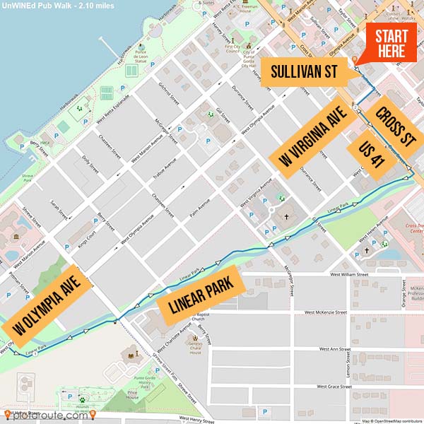 Map identifying walking route from UnWINEd Wine+Beer Bar