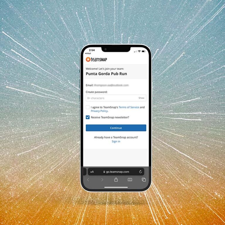 Mobile phone showing steps of getting started with the Punta Gorda Pub Run TeamSNAP app